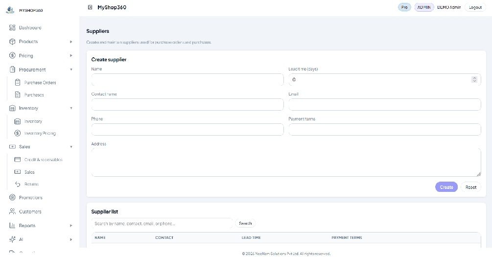 AI-Driven E-Commerce supplier management screen for creating suppliers and tracking lead time, contact details, and payment terms for purchase orders