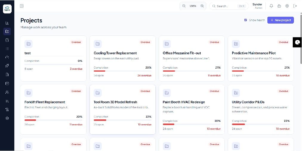 Taskline projects dashboard showing project cards with completion percentage, open and overdue task counts, and status badges